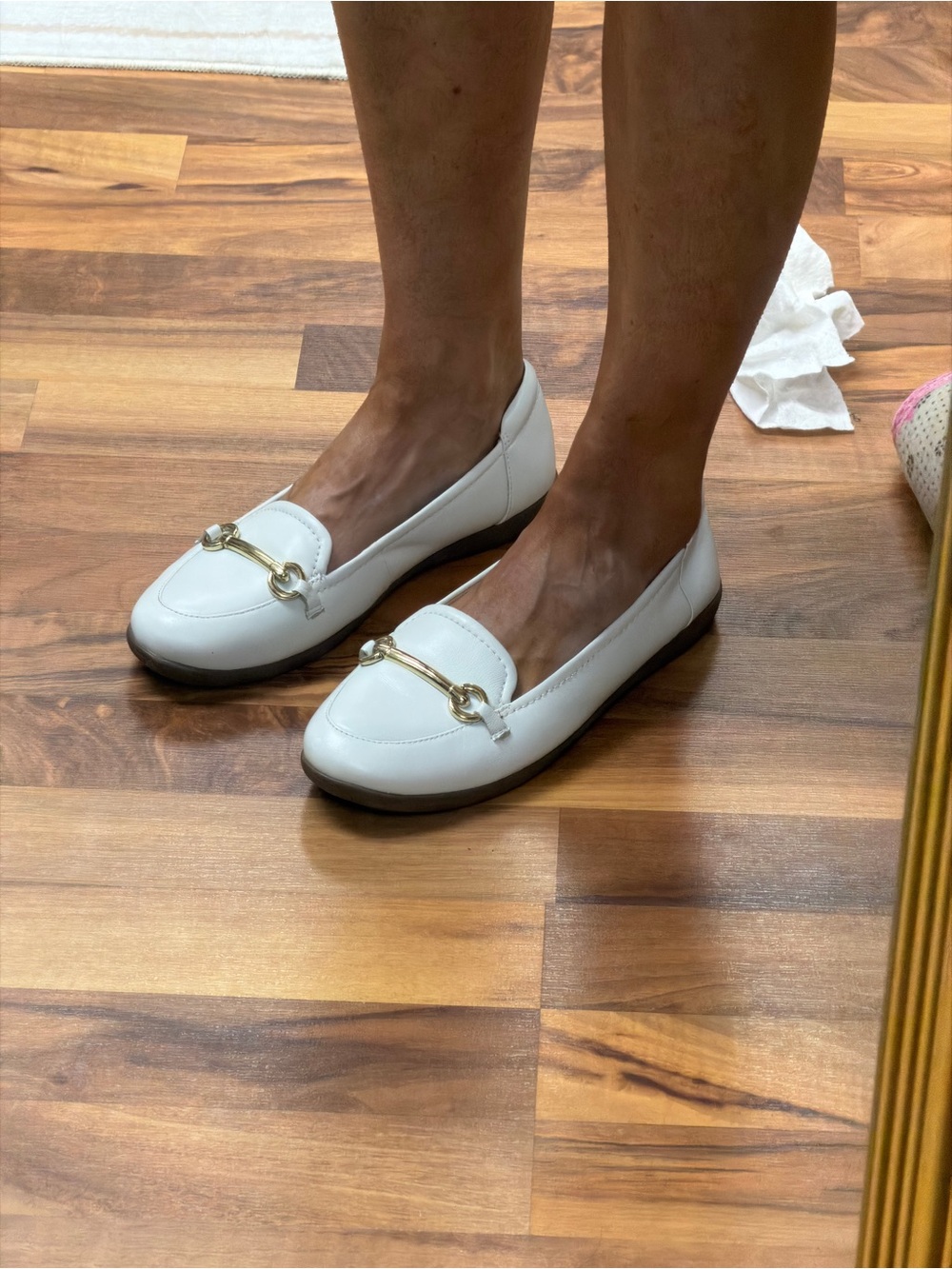 🍀3/$30 Women's White Leather Slip-On Loafers with Gold Horsebit